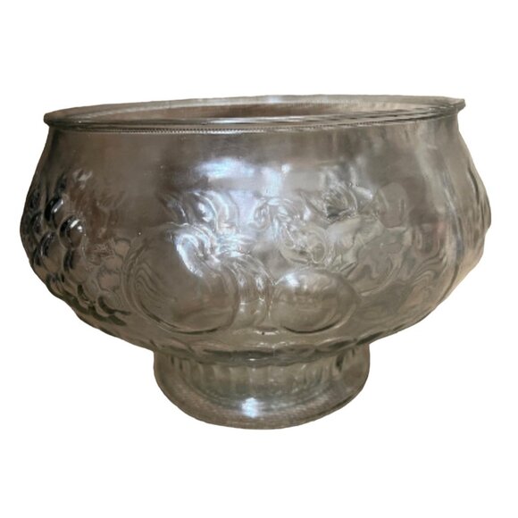 Glass Fruit Bowl Fruit Etching 10" Diameter Clear Molded Grapes Apples Pears Pea - Picture 7 of 9